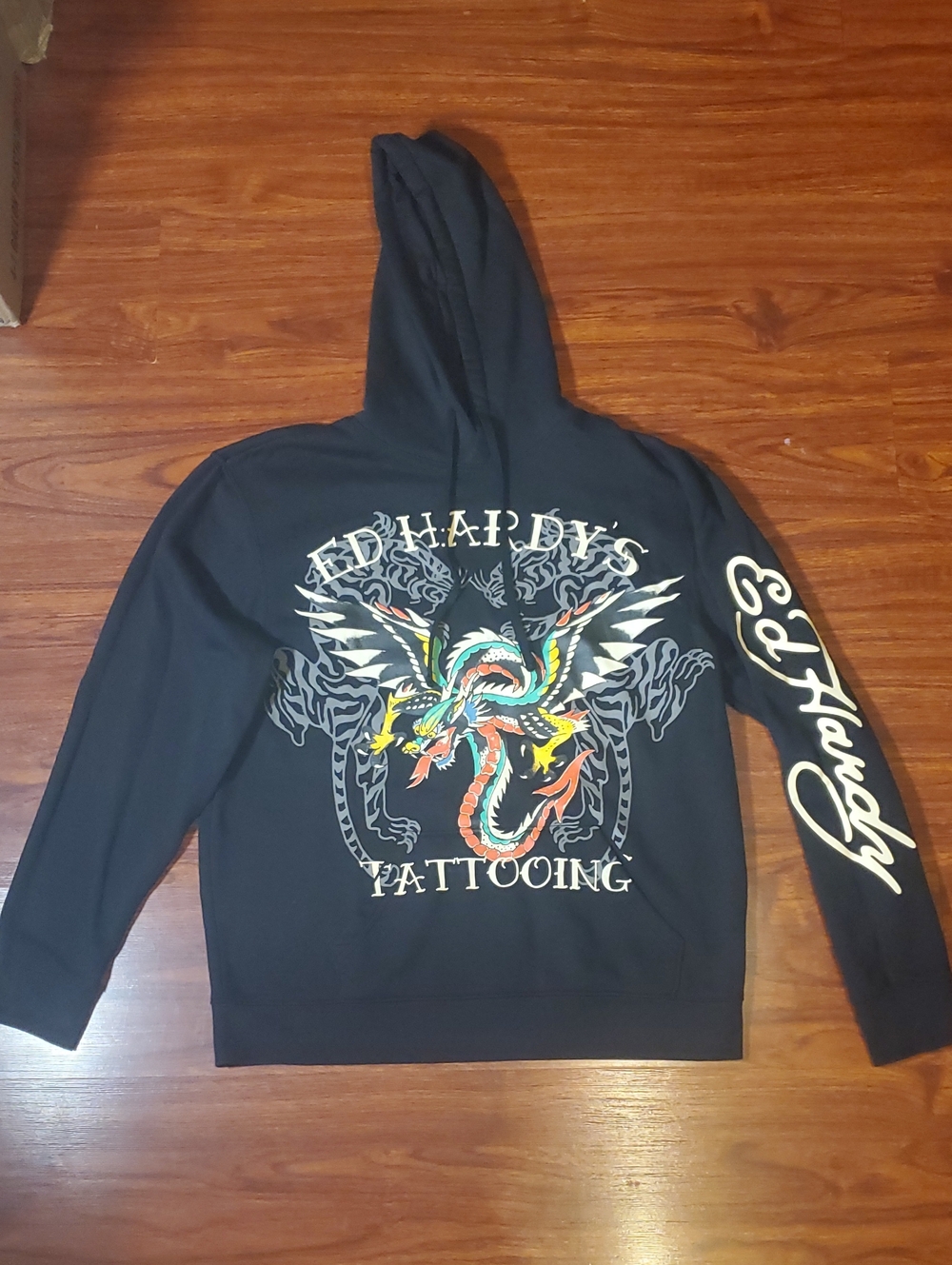 Ed Hardy Black Hoodie with Multicolor Dragon Graphic